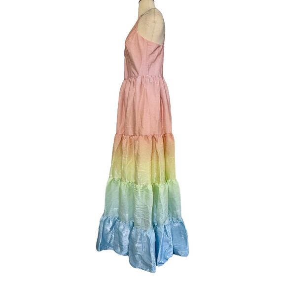 YUMI KIM Sullivan Tiered Maxi Dress Rainbow Ombré Dreamy Shiny Satin Sz M NEW - Picture 10 of 11